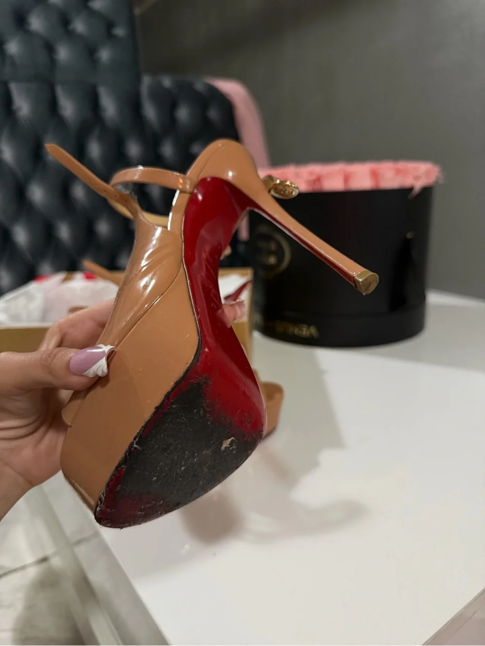 Christian Louboutin Nude Patent Platform Stilettos with Red Soles